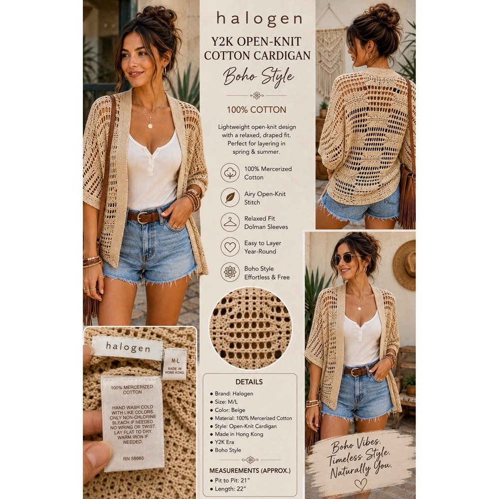 Halogen Beige Open-Knit Cotton Cardigan Boho Y2K Dolman Sleeve Sweater ML